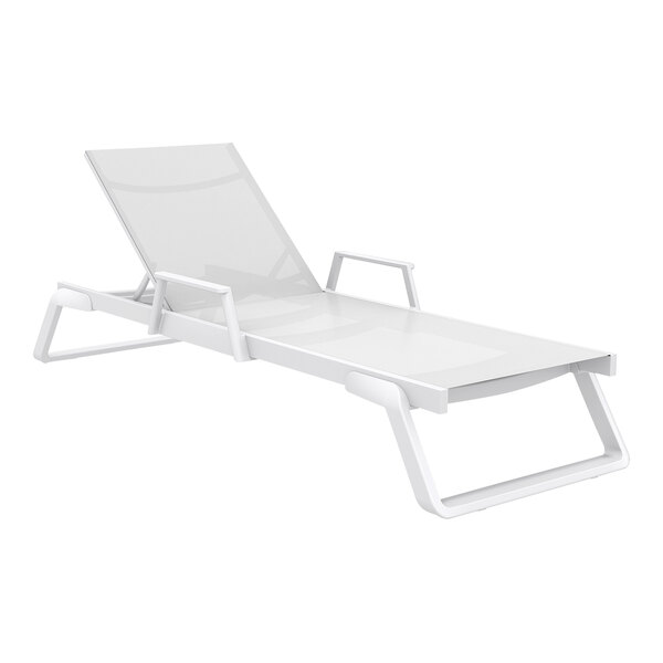 A Siesta Tropic white resin outdoor arm chaise lounge with white sling on a white background.