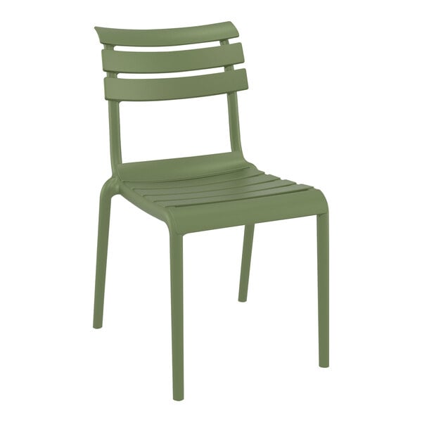 A Siesta Helen olive green resin outdoor dining chair.