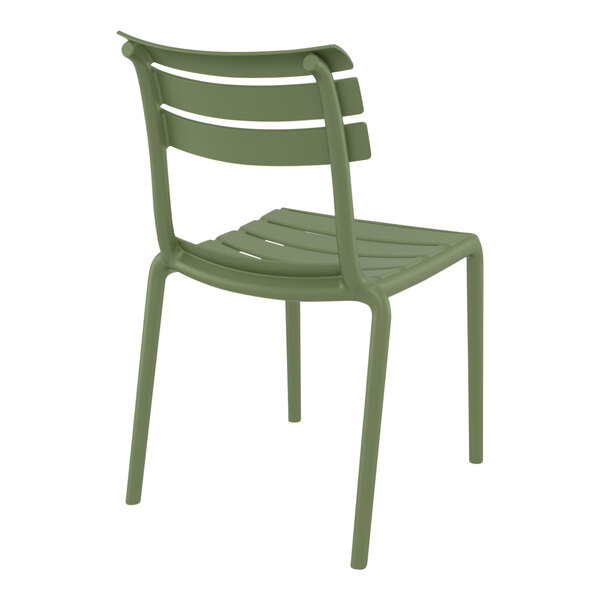A Siesta Helen olive green resin outdoor dining chair with a metal frame.