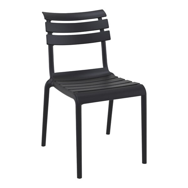 A Siesta Helen black resin outdoor dining chair with a slatted back.
