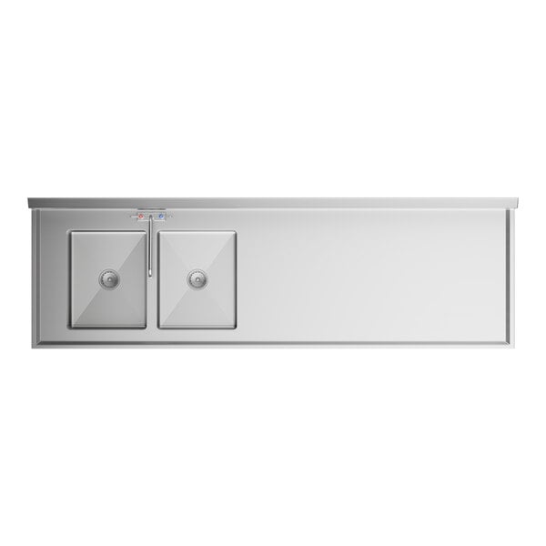 A Regency stainless steel work table with two sinks on the left.