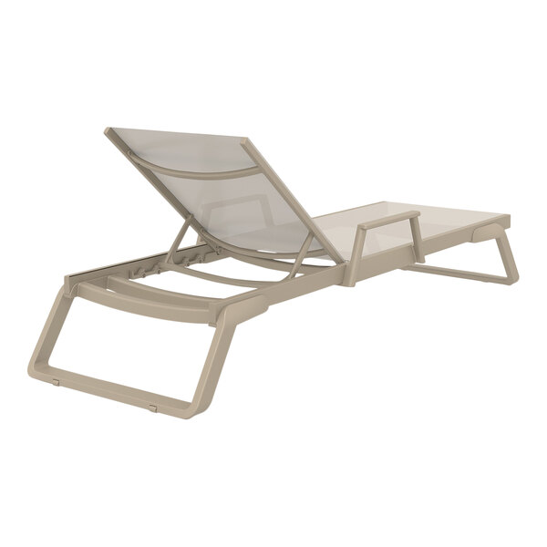 A Siesta Tropic taupe resin chaise lounge chair with taupe sling on white background.