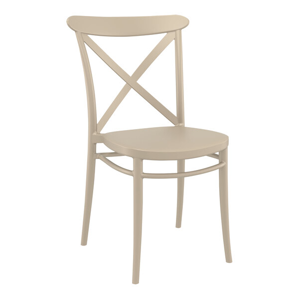 A taupe resin Siesta Cross outdoor dining chair with a cross back.