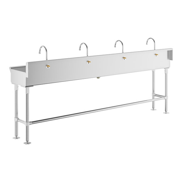 Regency 96" x 17 1/2" Hand Sink with 4 Waterloo Wall-Mount Hands-Free Sensor 6 3/16" Gooseneck Spout Faucets