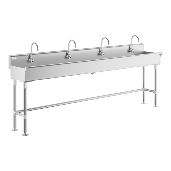 Regency 96" x 17 1/2" Hand Sink with 4 Waterloo Wall-Mount Hands-Free Sensor 6 3/16" Gooseneck Spout Faucets