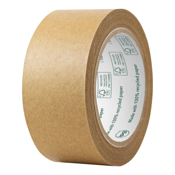 A roll of IPG 100% recycled kraft paper sealing tape with a label showing IPG 100E.48.