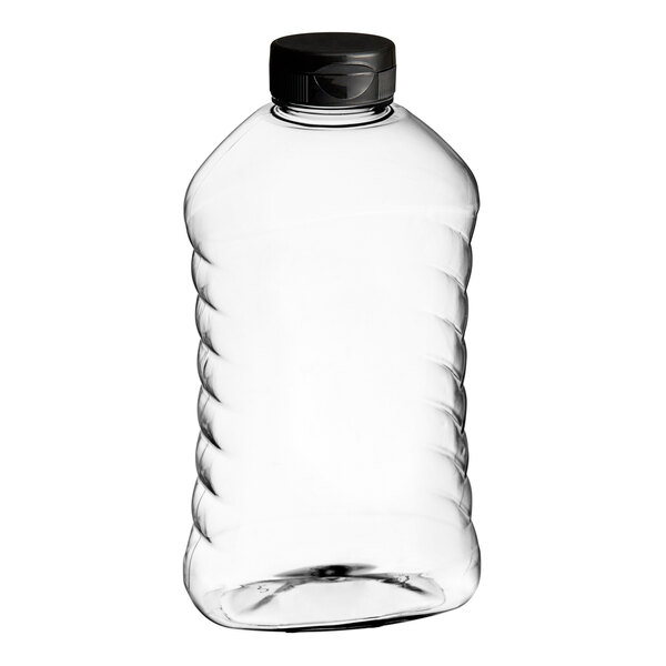 A clear plastic Ribbed Hourglass PET honey bottle with a black cap.