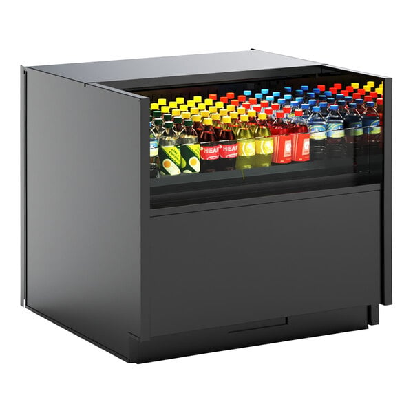 A black Structural Concepts air curtain merchandiser with bottles of soda inside.