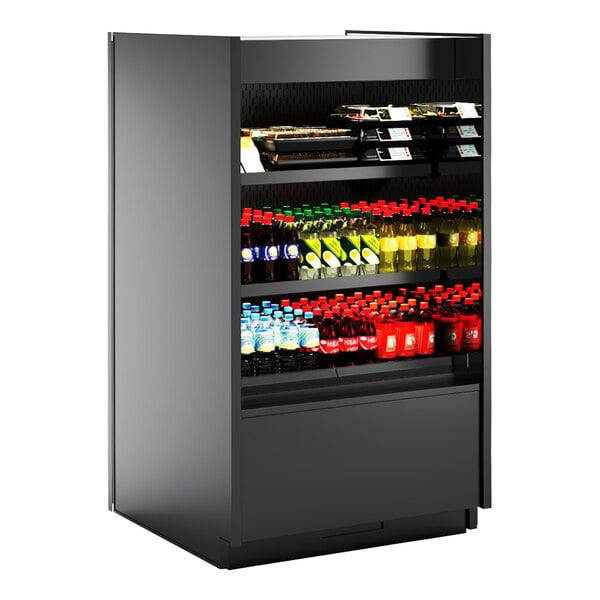 A black Structural Concepts air curtain merchandiser with drinks on shelves.