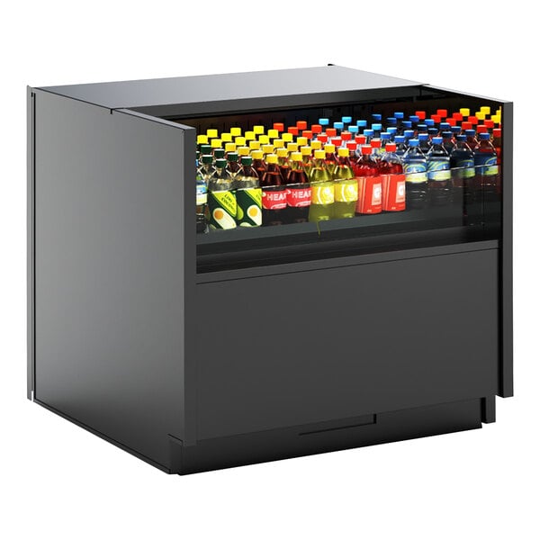 A black Structural Concepts undercounter air curtain merchandiser filled with bottles of soda.