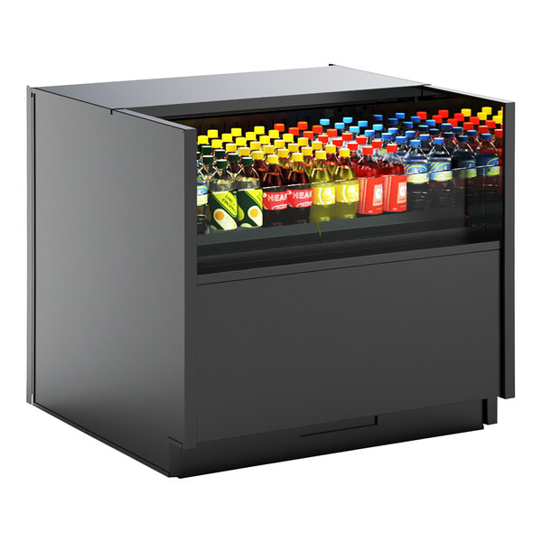 A black Structural Concepts undercounter air curtain merchandiser with a variety of beverages inside.