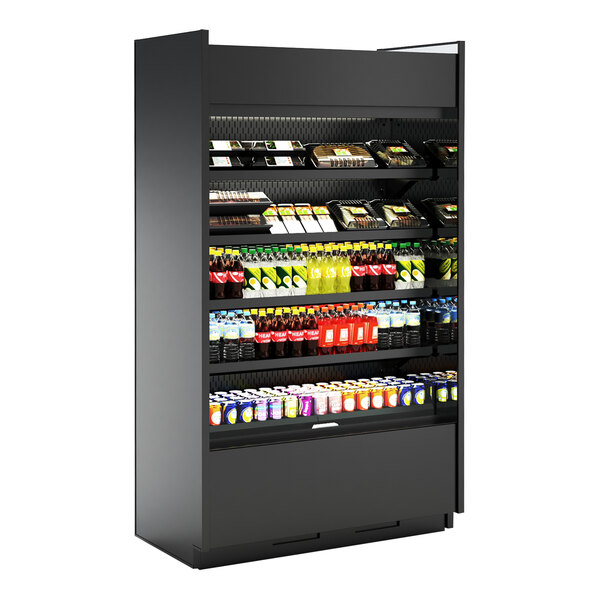 A black Structural Concepts air curtain merchandiser with shelves of drinks.