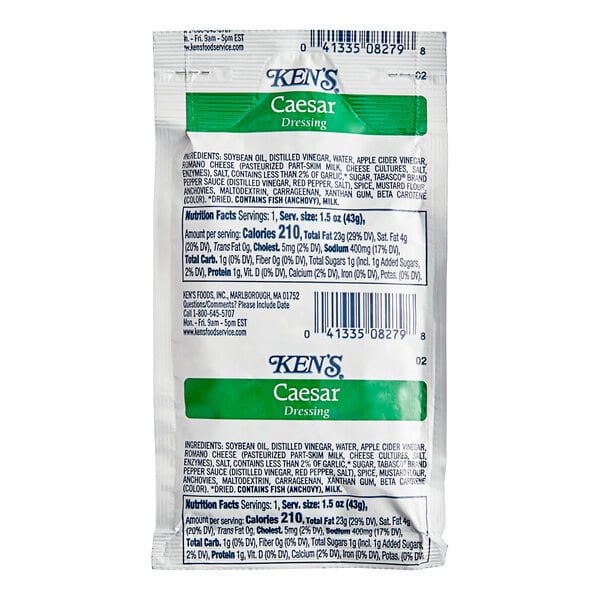 A white Ken's Foods Caesar Dressing packet with green and white text.