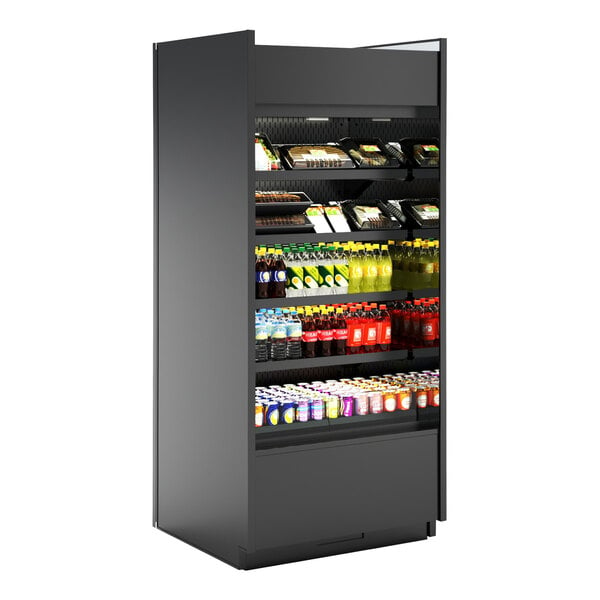 A black Structural Concepts air curtain merchandiser with 4 shelves of beverages.