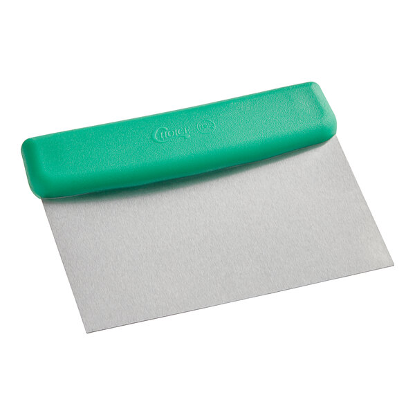 A stainless steel dough cutter with a green handle.