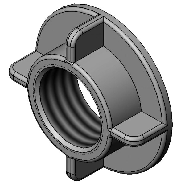 A grey circular object with a black plastic threaded nut.