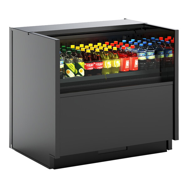 A black Structural Concepts Oasis narrow undercounter air curtain merchandiser filled with bottles of soda.