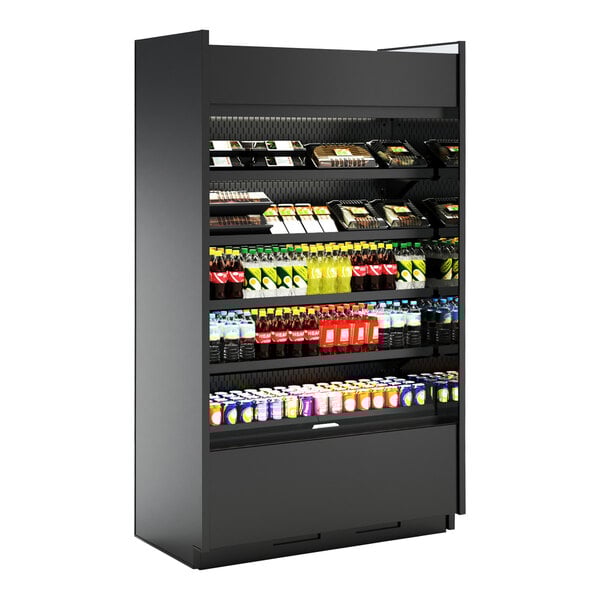 A black Structural Concepts air curtain merchandiser with 4 shelves of various beverages.