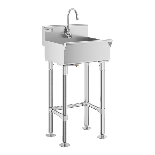 A stainless steel Regency hand sink with a Waterloo hands-free faucet.