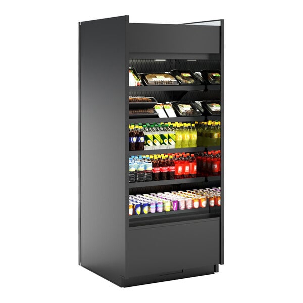 A black Structural Concepts air curtain merchandiser with shelves of drinks and beverages.