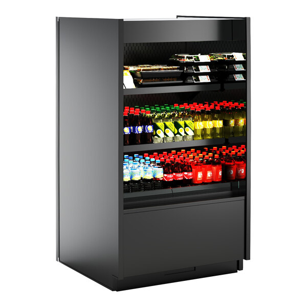 A black Structural Concepts air curtain merchandiser with drinks on shelves.