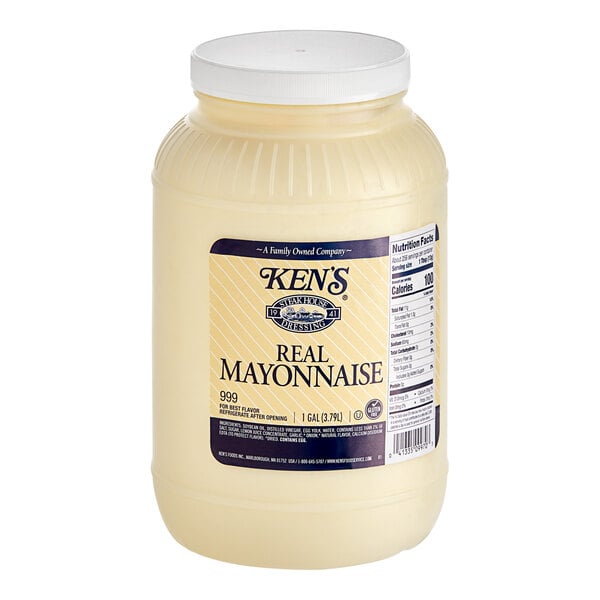 A white plastic container of Ken's Real Mayonnaise with a white label.