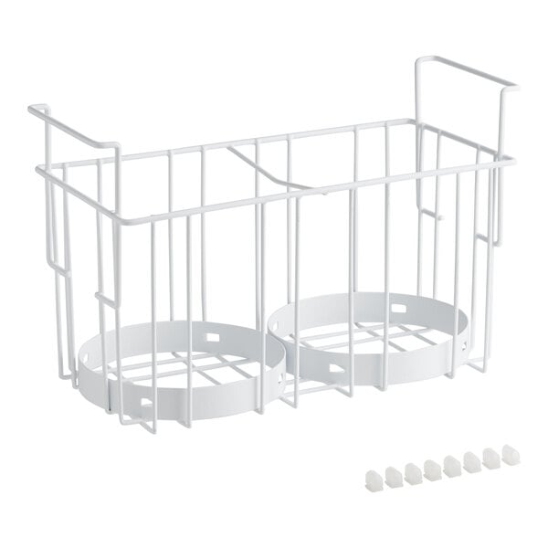 A white wire basket with two circles.