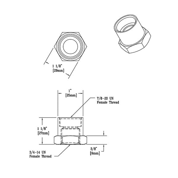 An adapter with 7/8-20 UN and 3/4-14 UN female connections.