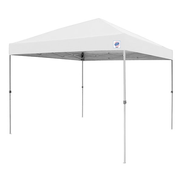 A white E-Z Up canopy with a white metal frame and a triangular top.