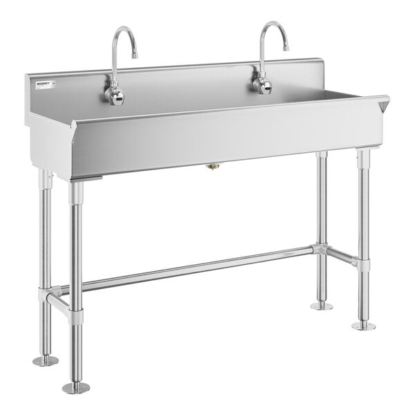 Regency 48" x 17 1/2" Hand Sink with 2 Waterloo Wall-Mount Hands-Free Sensor 6 3/16" Gooseneck Spout Faucets
