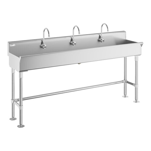 Regency 72" x 17 1/2" Hand Sink with 3 Waterloo Wall-Mount Hands-Free Sensor 6 3/16" Gooseneck Spout Faucets