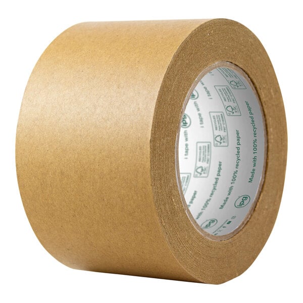 A close-up of a roll of IPG 100% recycled brown Kraft paper sealing tape.