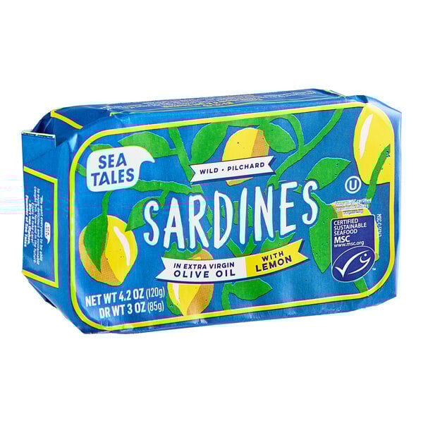 A blue package of Sea Tales sardines in extra virgin olive oil with lemons.