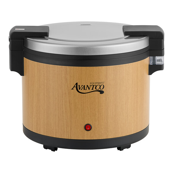 An Avantco woodgrain electric rice warmer with a silver lid.