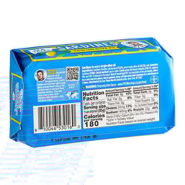 A case of Sea Tales sardines in a blue package on a white surface.