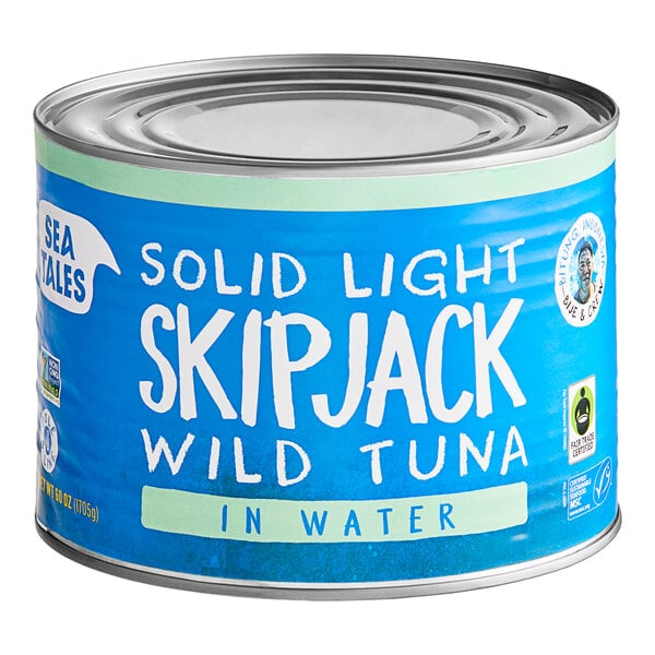 A Sea Tales Skipjack Tuna can with a blue label.
