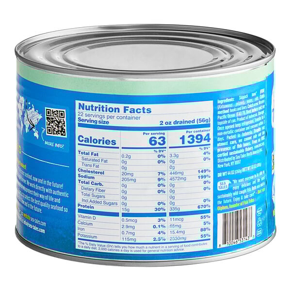 A Sea Tales Skipjack Tuna can with a label.