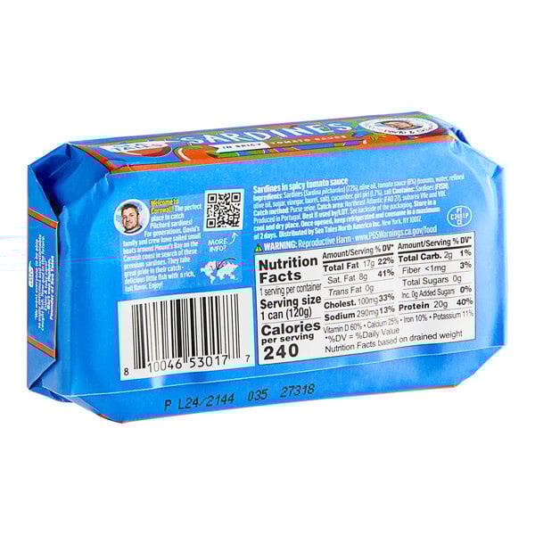 A blue package of Sea Tales sardines in spicy tomato sauce.