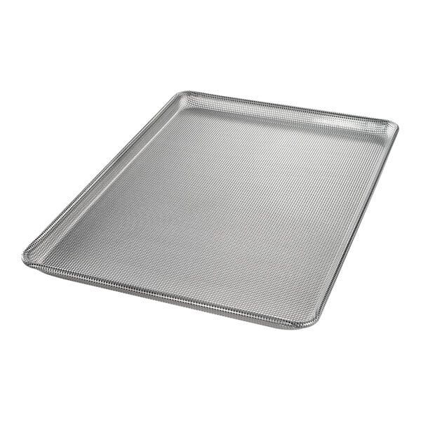 A Chicago Metallic glazed aluminum perforated sheet pan with a metal mesh on it.