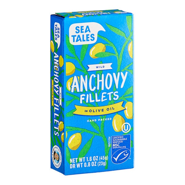 A blue box of Sea Tales anchovy fillets with yellow and green design on it.