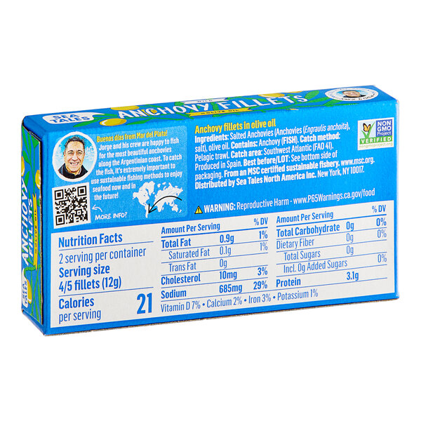 A blue and white box of Sea Tales Anchovy Fillets with blue and white text.