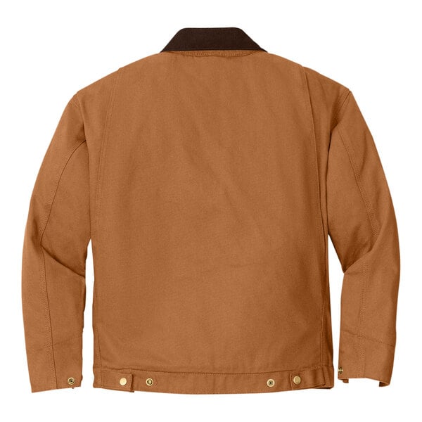 The back of a brown CornerStone work jacket with black corduroy trim.
