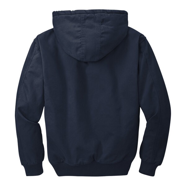 A CornerStone navy insulated work jacket with a hood.