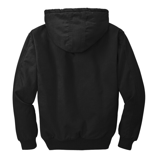 A black CornerStone work jacket with a hood.
