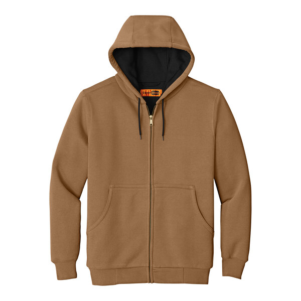 A CornerStone brown hooded sweatshirt with a black zipper.