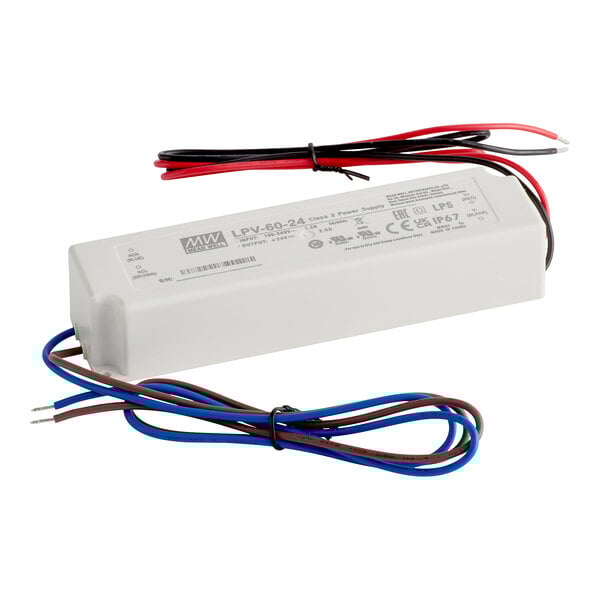 An Avantco LED driver and power supply with black and red wires.