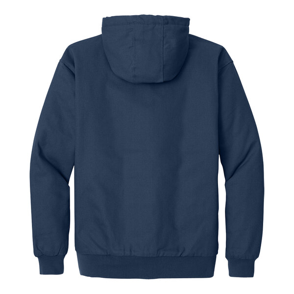 A CornerStone navy duck cloth hooded work jacket.
