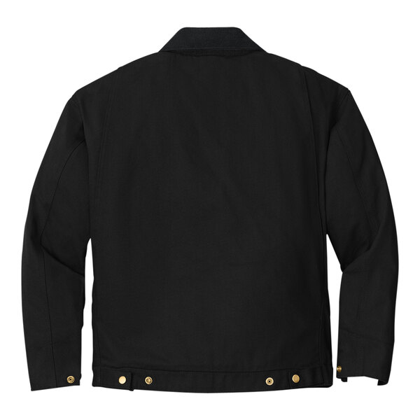The back of a black CornerStone work jacket with gold buttons.