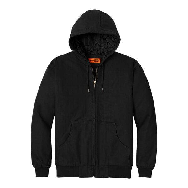 A black CornerStone work jacket with a hood.