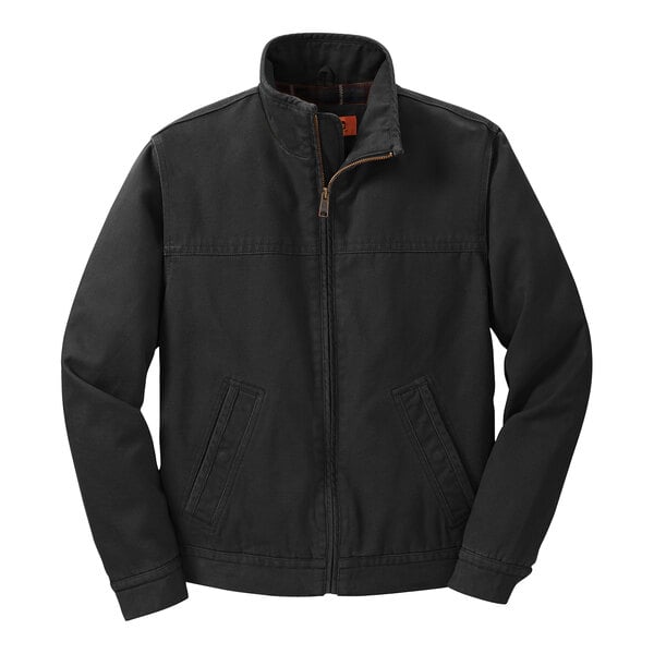 A CornerStone black work jacket with an orange zipper.